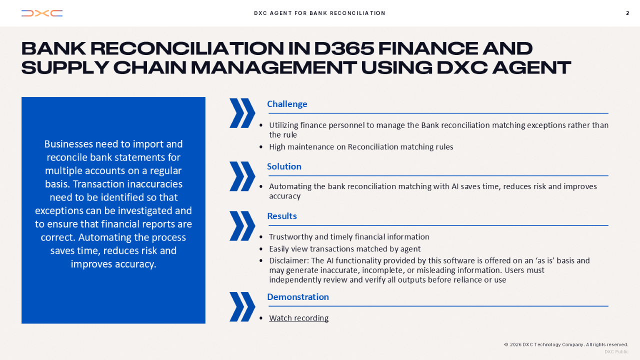 DXC Agent for Bank reconciliation in D365 Finance and Supply Chain Management preview 2