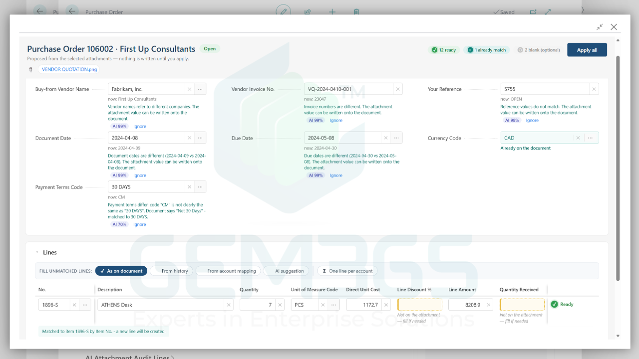 GEM365 AI Auto-filler & Auditor for Dynamics 365 Business Central screenshot 1