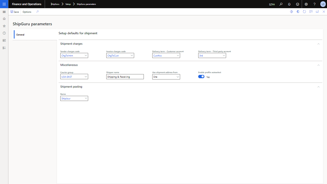 ShipGuru Parameters Configuration Screen in Microsoft D365FO