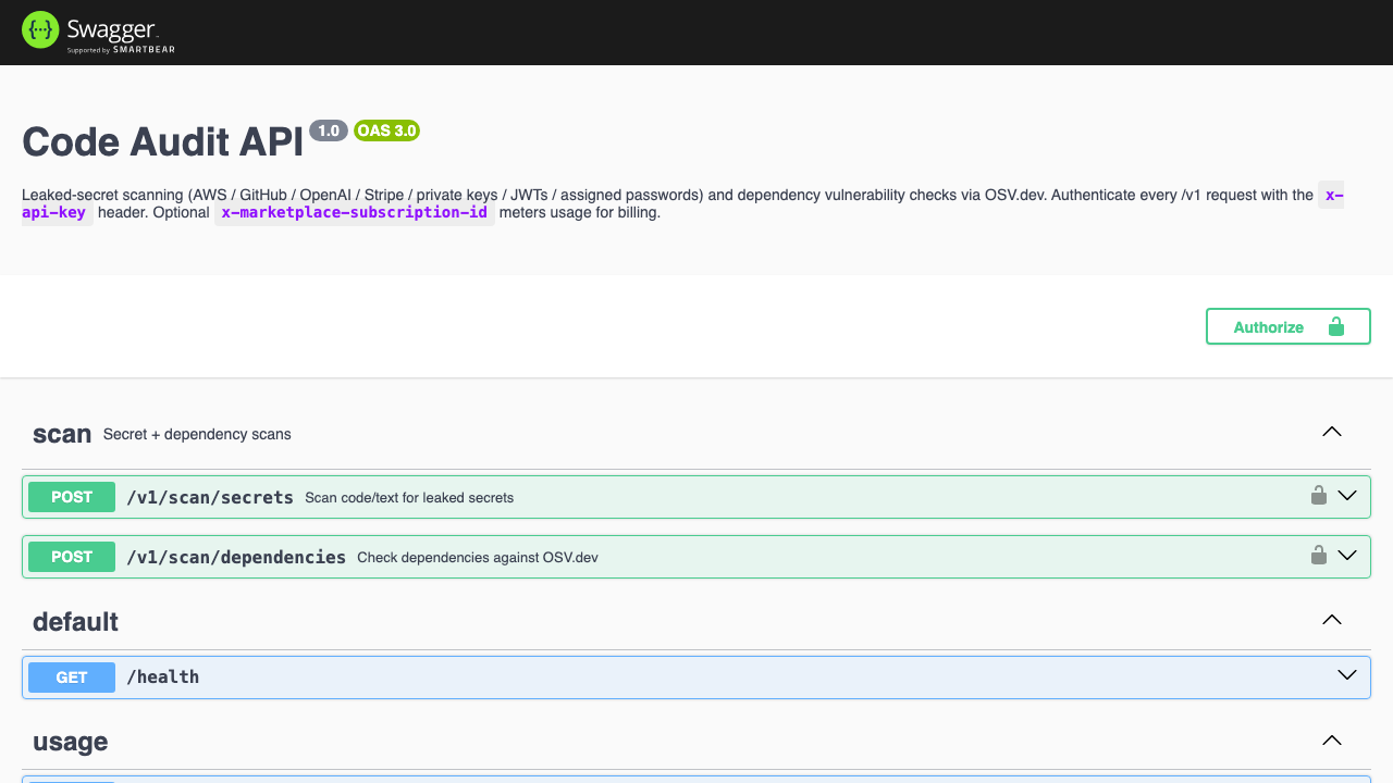 Code Audit API — leaked secrets + OSV dep scan preview 1