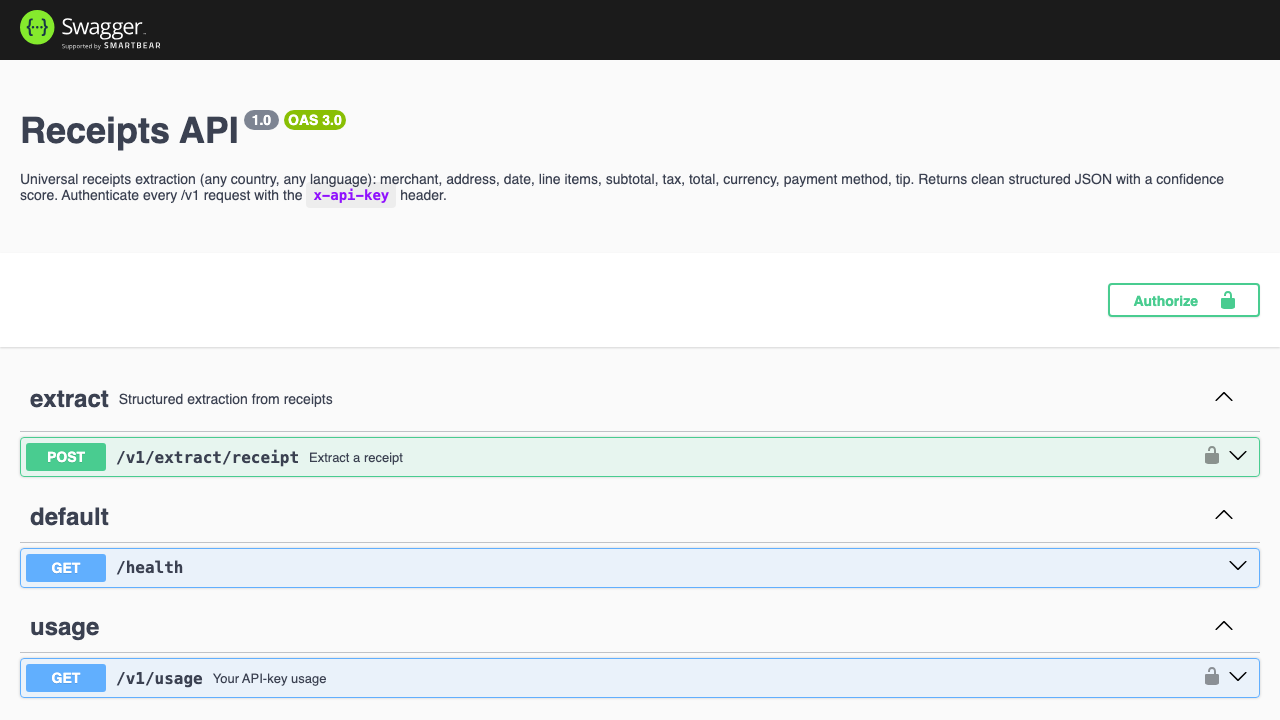 Receipts API — universal receipt extraction (any country) preview 1