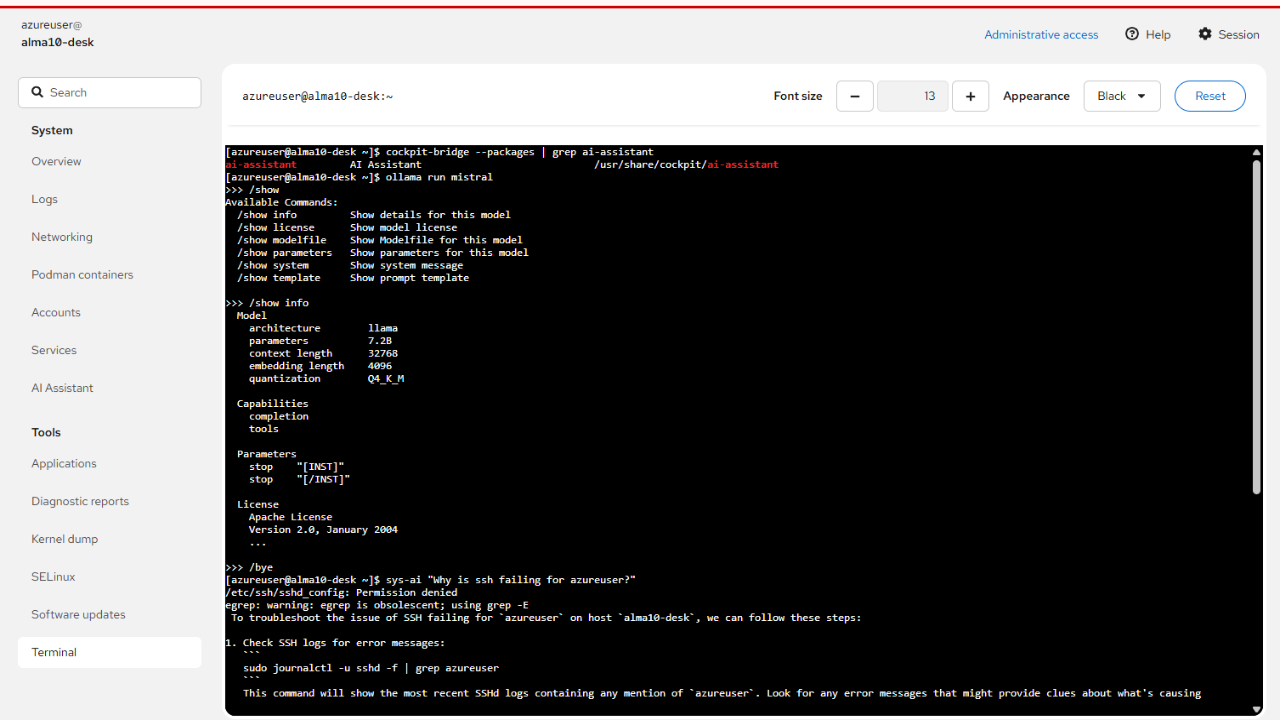 Alma Linux 10 on Azure Optimized with Cockpit & Local AI Assistant preview 1