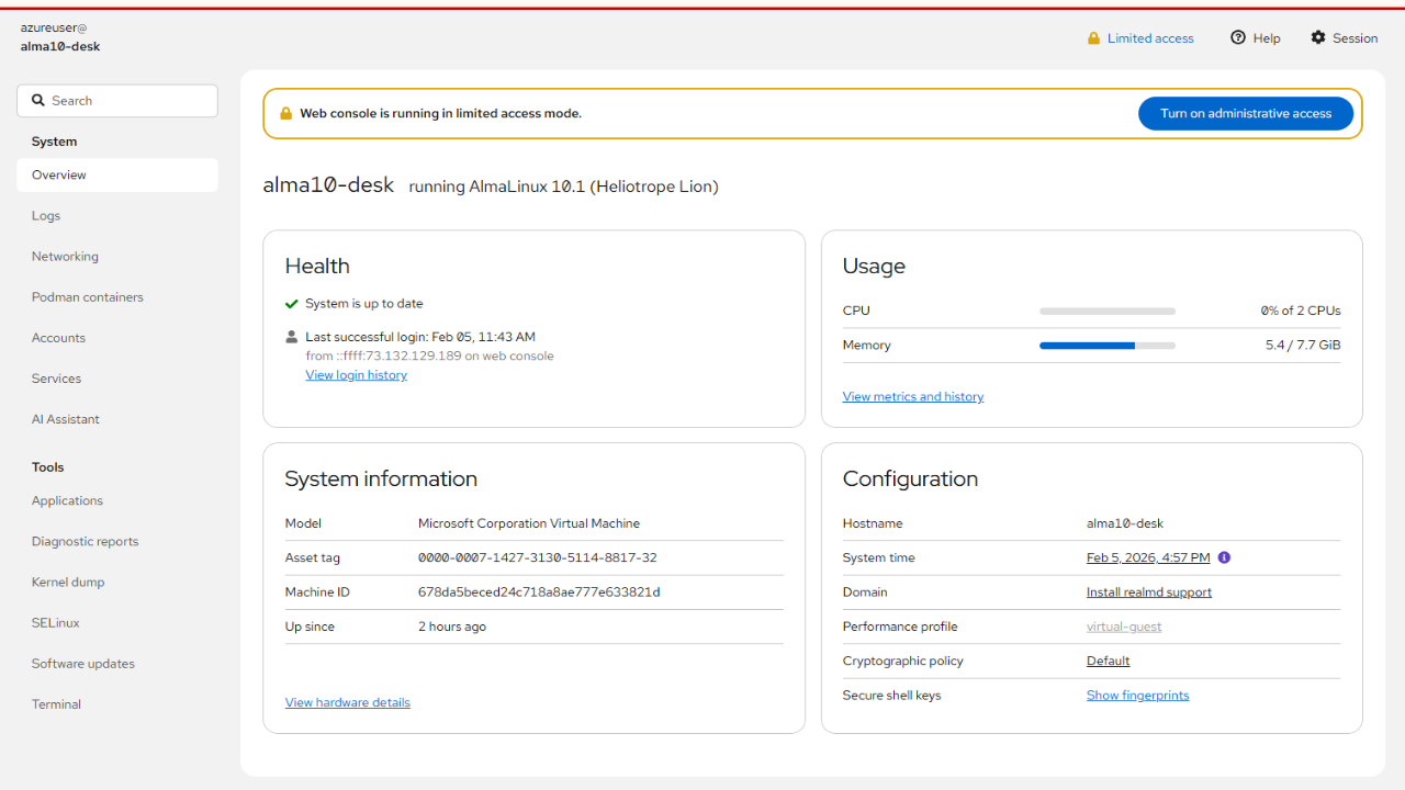 Alma Linux 10 on Azure Optimized with Cockpit & Local AI Assistant preview 3