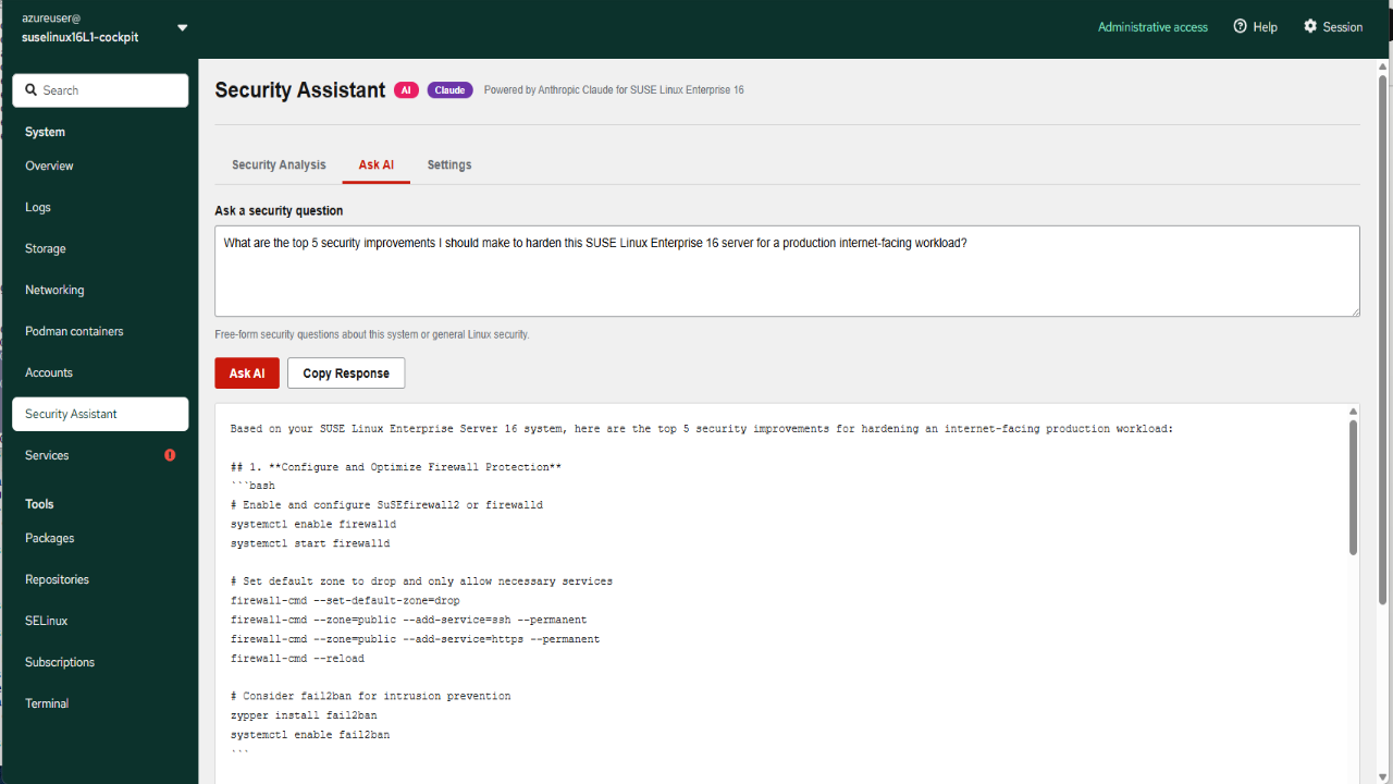 SUSE Linux Enterprise Server 16 with Cockpit and AI Security Assistant preview 5