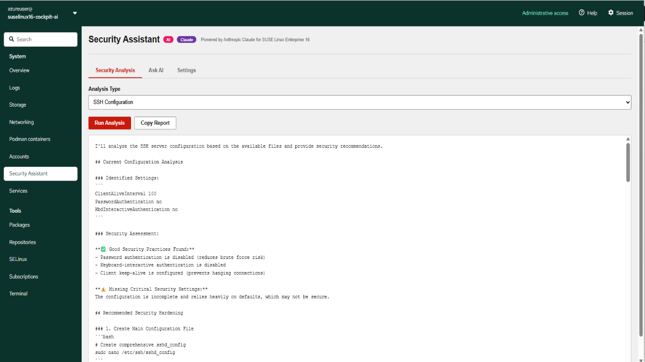 SUSE Linux Enterprise Server 16 with Cockpit and AI Security Assistant preview 1