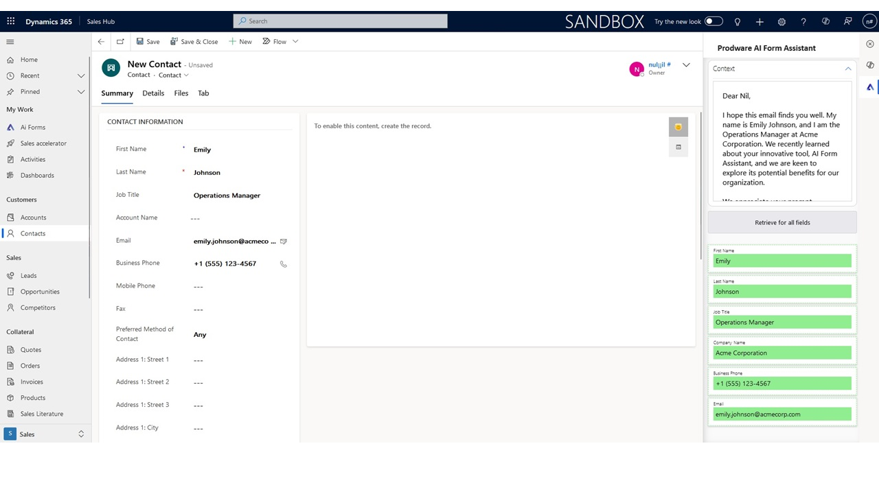 Prodware AI Form Assistant for Microsoft Dynamics 365 apps preview 1