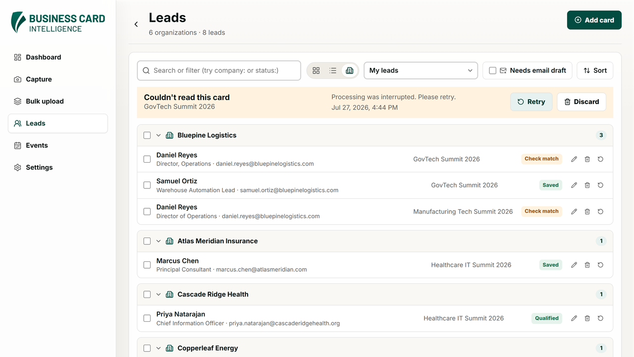 Business Card Intelligence – SaaS preview 5