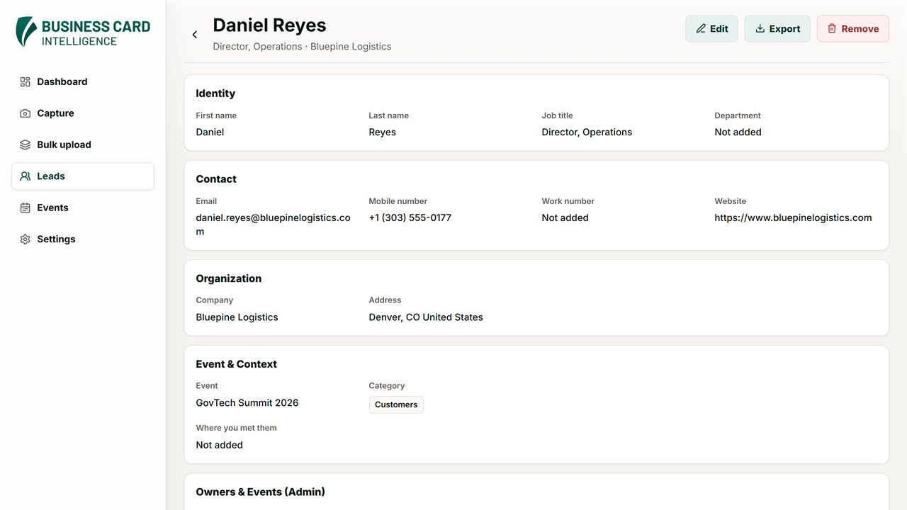 Business Card Intelligence – SaaS preview 2