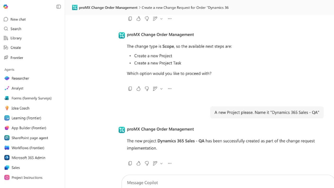 proMX 365 PO Change Order Management AI Agent preview 2