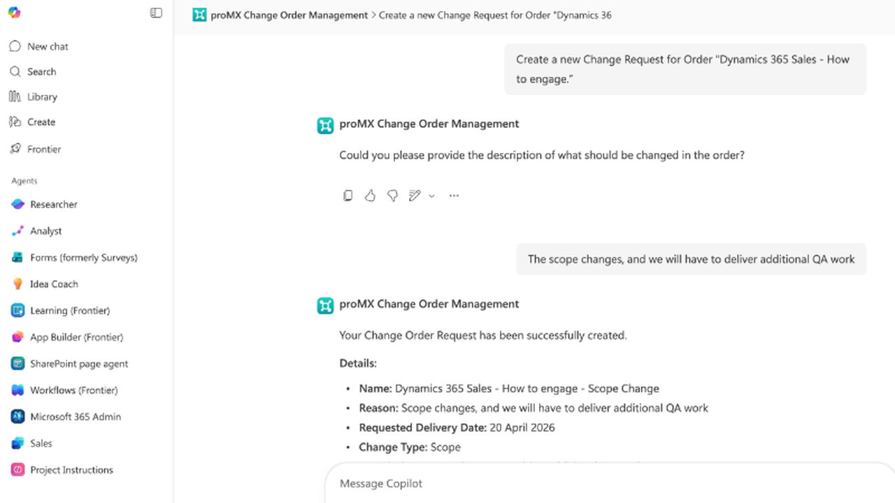 proMX 365 PO Change Order Management AI Agent preview 1