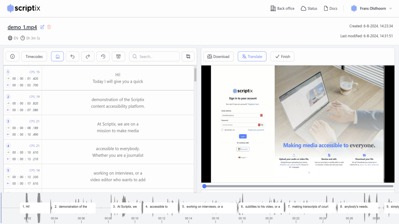Scriptix Accessibility Platform for automatic transcription and subtitling preview 3